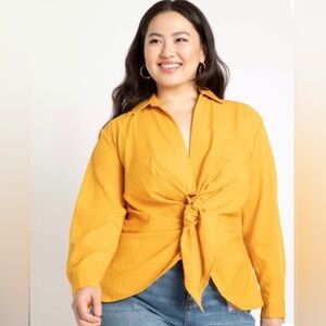 Eloquii Tie Front Collared Blouse Daffodil